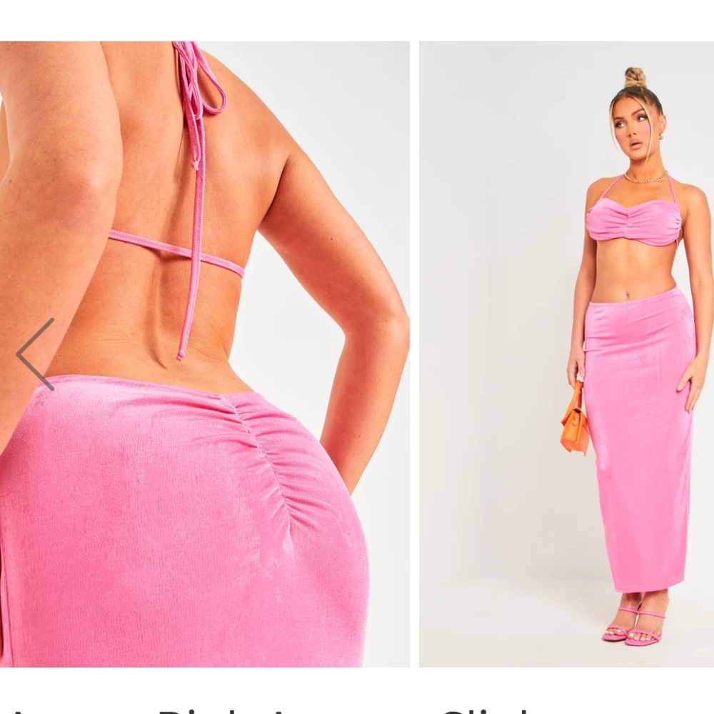 Amora Pink Acetate Slinky Ruched Maxi Skirt & Sabrina Pink Acetate Slinky bralet